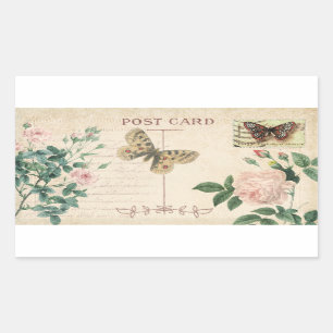 Antike Postkarte Rosa Rose & Schmetterling Scrapbo Rechteckiger Aufkleber