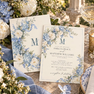 Antike, pulverbliue Hydrangea-Band-Monogramm-Hochz Einladung