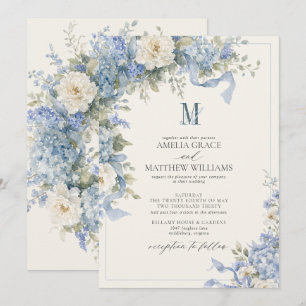 Antike, pulverbliue Hydrangea-Band-Monogramm-Hochz Einladung