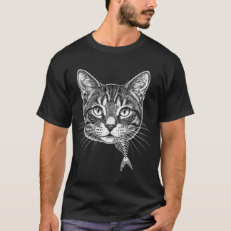 Antike Radierung Katzenkopf mit Fischgräten Skelet T-Shirt