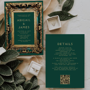 Antike Rahmen Smaragdgrün Gold QR-Code Hochzeit Einladung