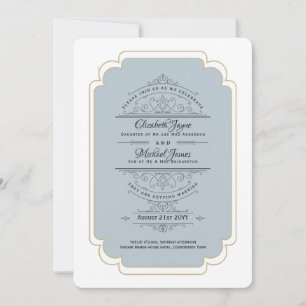 Antike Regency-Staubblau-Gold-Hochzeit Einladung