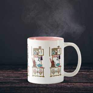 Antike Retro-Küchenherd-Kaffeekanne im Vintage-Sti Zweifarbige Tasse