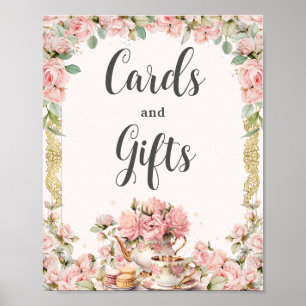 Antike rosa Blumen-High-Tea-Karten und Geschenke Poster