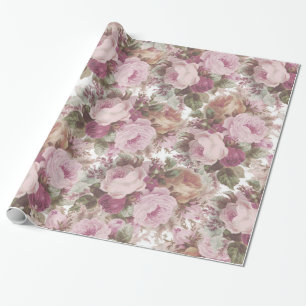 Antike rosa-burgunderrote Rosen, florale Malerei. Geschenkpapier