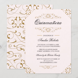 Antike rosa Gold-Schwung-Quinceanera-Einladung Einladung