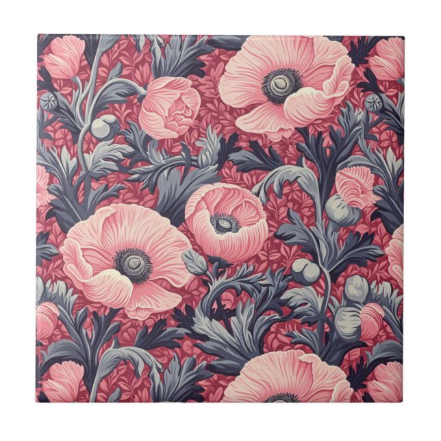 Antike rosa Mohnblumen Blumen  Fliese (Vorderseite)