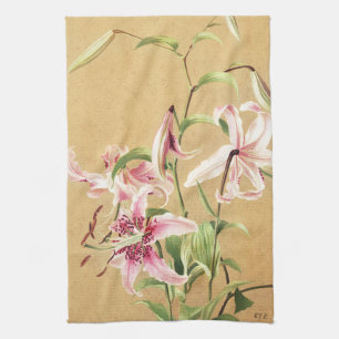 Antike rosa orientalische Lilie botanische Blumenk Geschirrtuch
