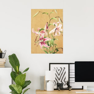 Antike rosa orientalische Lilie botanische Blumenk Poster