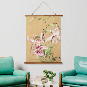 Antike rosa orientalische Lilie botanische Blumenk Wandteppich Mit Holzrahmen
