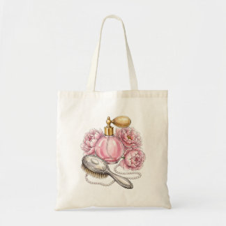 Antike rosa Parfümflasche & Perlen Tragetasche