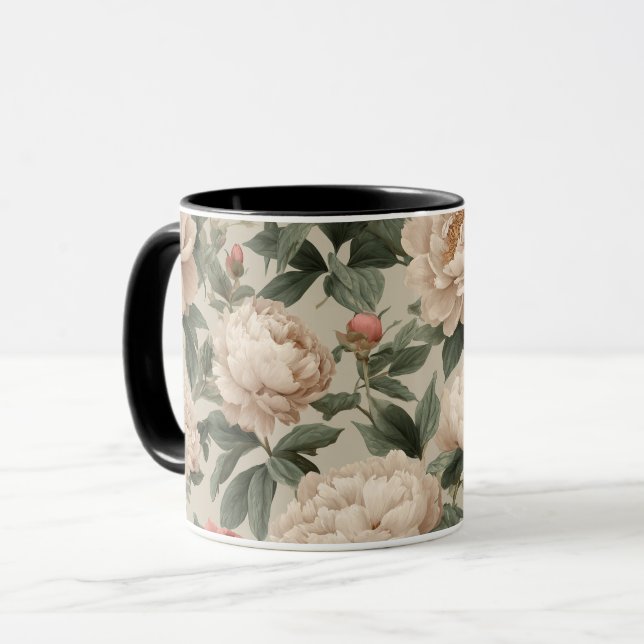 Antike Rosa Pfingstrosen-Creme-Blumenmuster Tasse (Vorderseite Links)