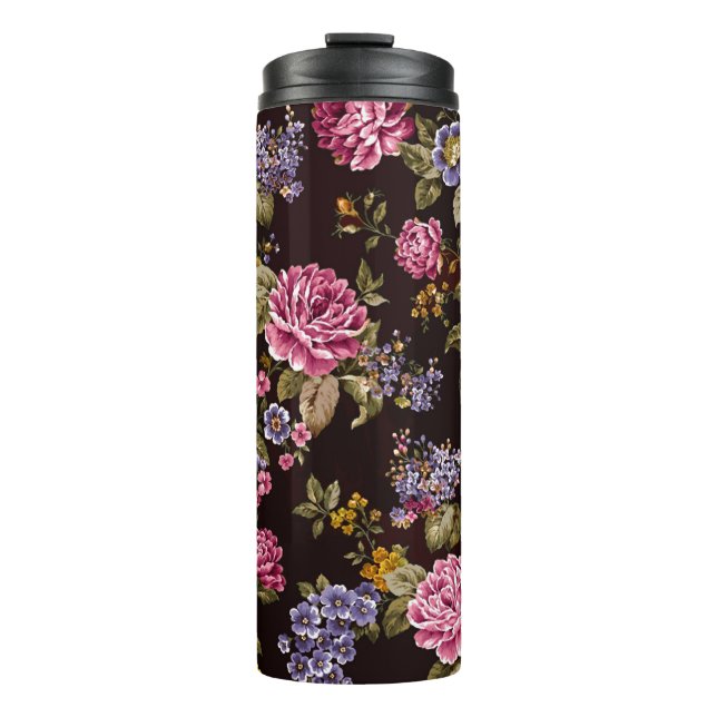 Antike rosa Rosen auf Schwarz Thermosbecher (Vorderseite)