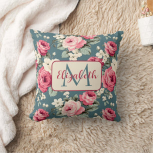 Antike rosa Rosen auf tiefblauem Monogramm Kissen