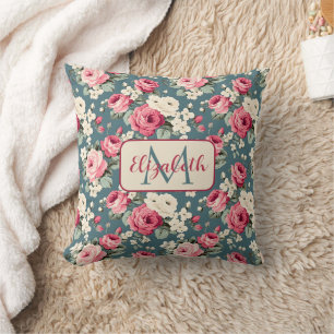 Antike rosa Rosen auf tiefblauem Monogramm Kissen
