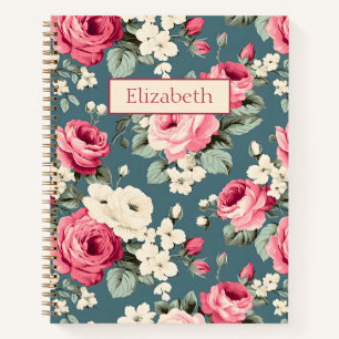 Antike rosa Rosen auf tiefem Blau Notizbuch