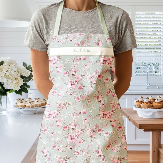 Antike rosa Rosen auf weicher grüner Schürze (Vintage Rose Pink Green)