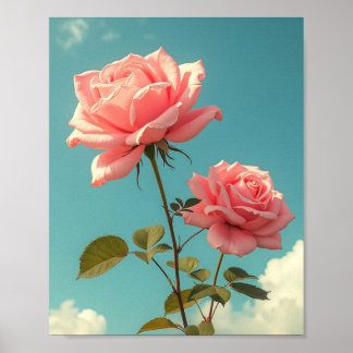 Antike rosa Rosen, blauer Himmel, botanische Blume Poster
