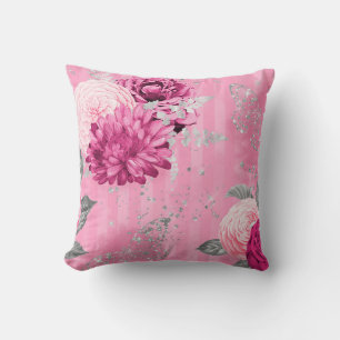 Antike rosa Rosen Silber Glitter Schmetterling Kissen