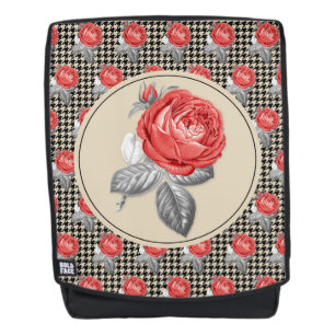 Antike rosa Rosen und Houndstooth-Muster Rucksack