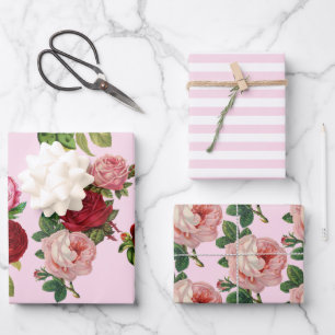 Antike rosa Rosen und rosa Streifen Set von 3 Geschenkpapier Set