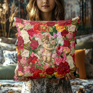 Antike rosa viktorianische Cherub-Rose im Shabby-C Kissen