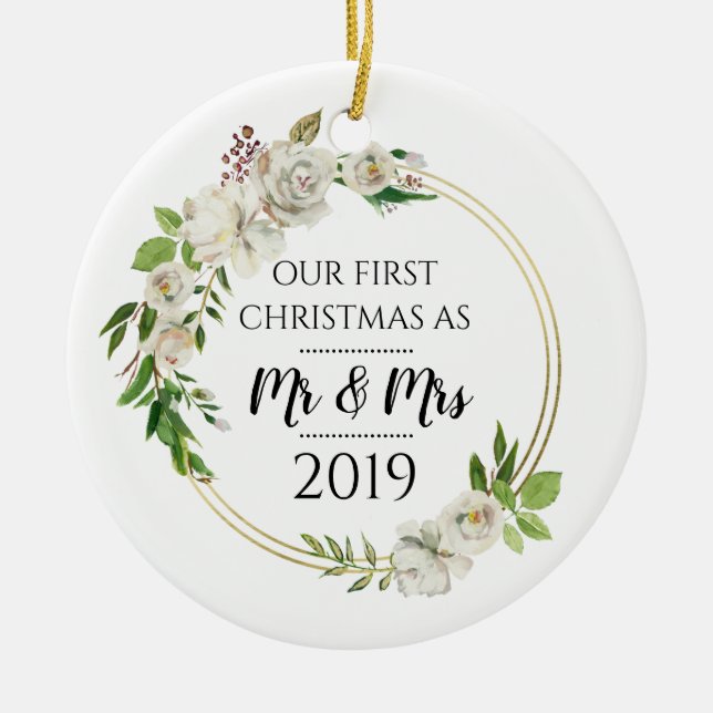 Antike Rose Erste Weihnachten als Mr. & Mrs. Keramik Ornament (Vorne)