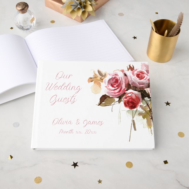 Antike Rose Hochzeitsempfang in Aquarell Rosa Gästebuch (Vorderseite Offen)