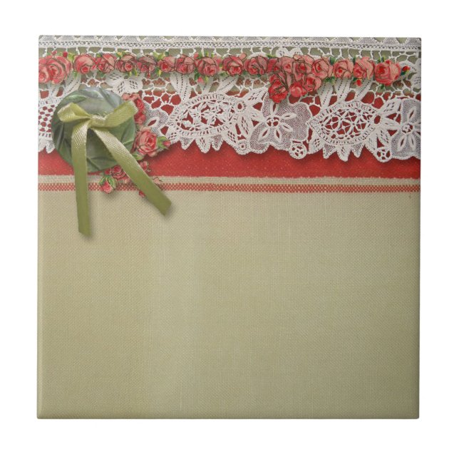 Antike Rose Rustikale rote Viktorianische Burlap Fliese (Vorderseite)