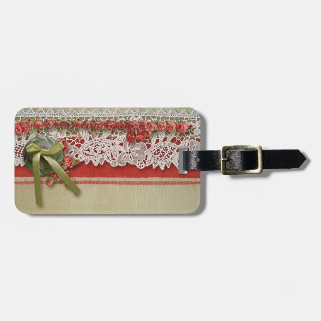 Antike Rose Rustikale rote Viktorianische Burlap Gepäckanhänger (Vorderseite horizontal)