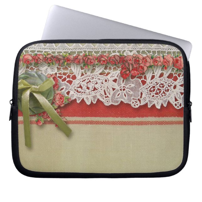 Antike Rose Rustikale rote Viktorianische Burlap Laptopschutzhülle (Vorderseite)