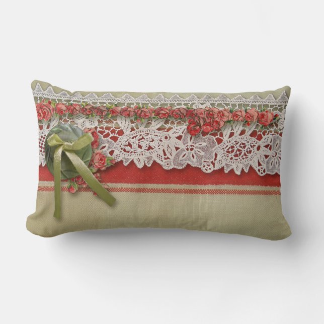 Antike Rose Rustikale rote Viktorianische Burlap Lendenkissen (Vorderseite)