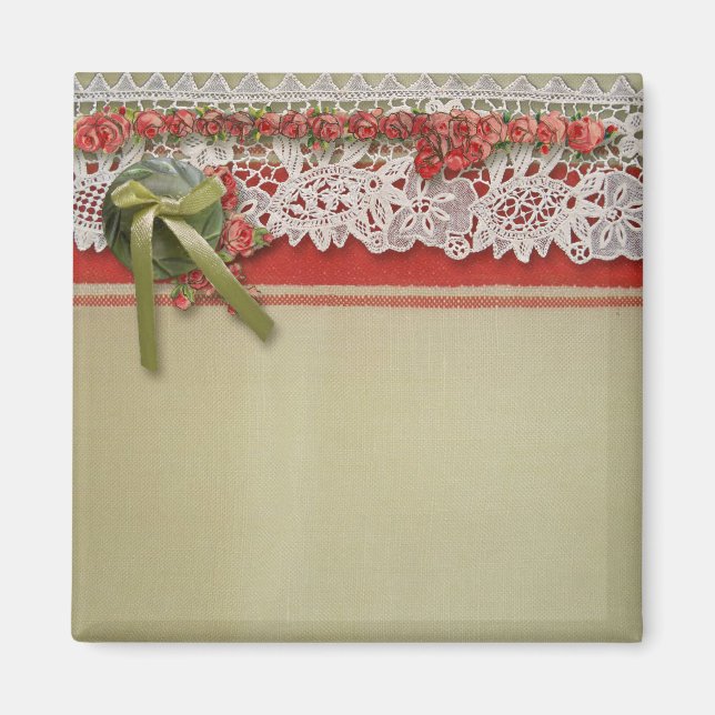 Antike Rose Rustikale rote Viktorianische Burlap Magnet (Vorne)