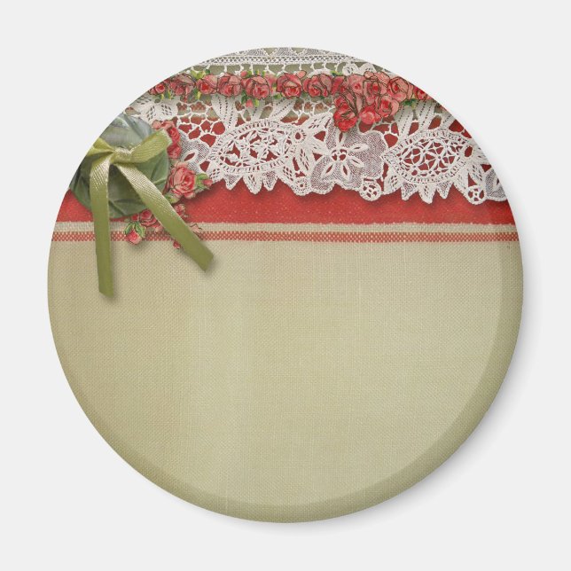 Antike Rose Rustikale rote Viktorianische Burlap Magnet (Vorne)