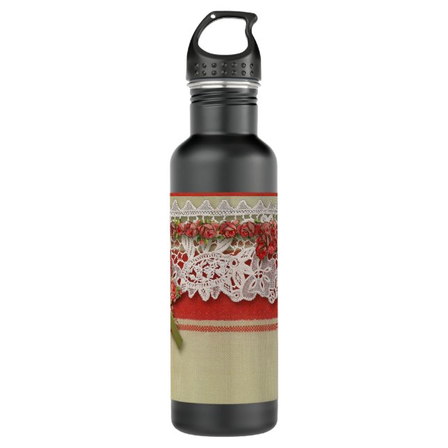 Antike Rose Rustikale rote Viktorianische Burlap Trinkflasche (Vorderseite)