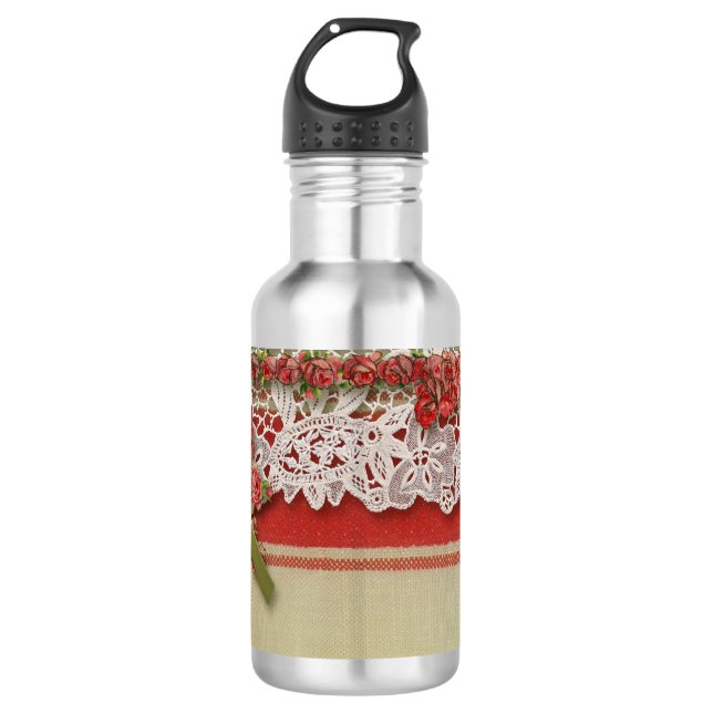 Antike Rose Rustikale rote Viktorianische Burlap Trinkflasche (Vorderseite)