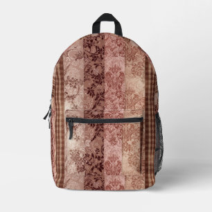 Antike Roségold- und Braune Damast-Patchwork-Strei Bedruckter Rucksack
