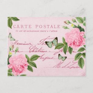 Antike Rosen, florale Postkarte mit Schmetterlinge
