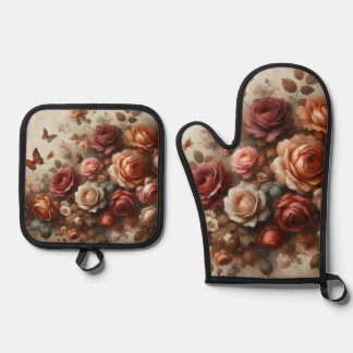 Antike Rosen mit Schmetterlingen Ofenhandschuh & Topflappen-Set