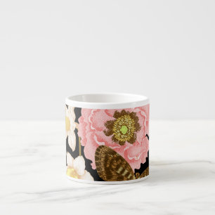 Antike Rosen Pfingstrosen: Schwarzes Blumenmuster Espressotasse