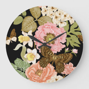 Antike Rosen Pfingstrosen: Schwarzes Blumenmuster Große Wanduhr