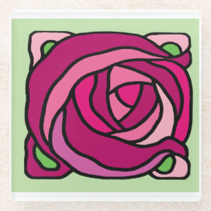 Antike Rosen Rosa und grünes Blumenmuster Glasuntersetzer