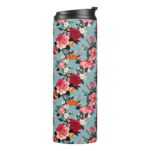 Antike Rosen und Blumen auf blauem Hintergrund Thermosbecher