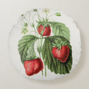 Antike rote frische Erdbeeren Blumenlaub Rundes Kissen