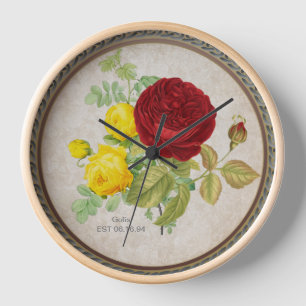 Antike rote gelbe Rosen-Blumen-Wanduhr Uhr