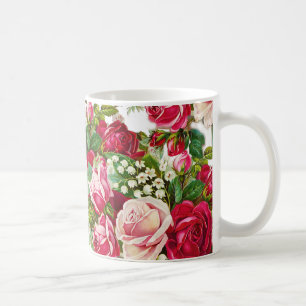 Antike rote Pastell-Rosa-Rosen botanische Blumen Tasse