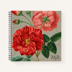 Antike rote Rose-Kunst auf grauem Monogramm Notizbuch