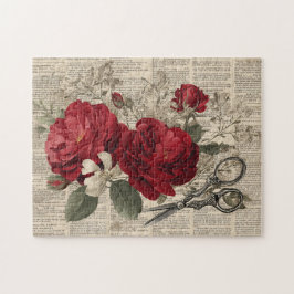 Antike rote Rose und Schere Botanischer Collage Puzzle