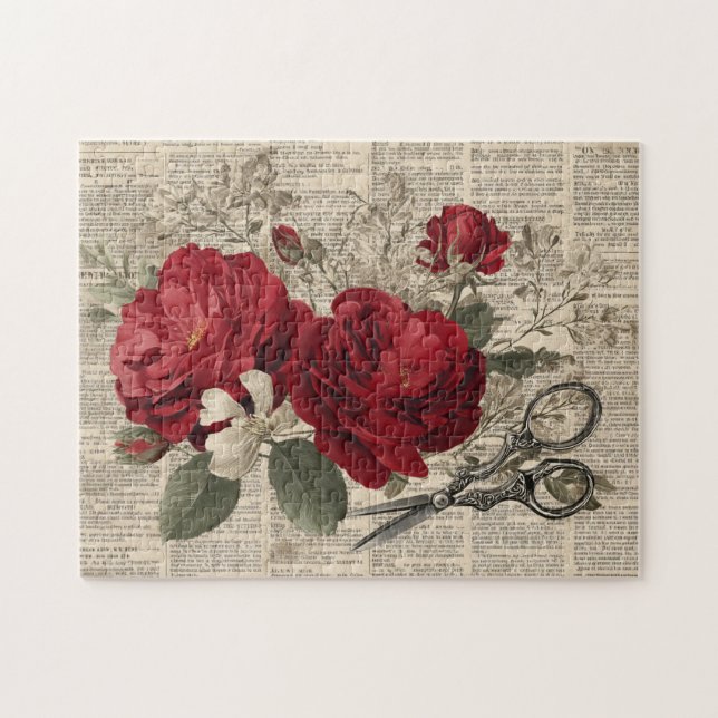 Antike rote Rose und Schere Botanischer Collage Puzzle (Horizontal)