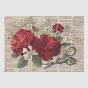 Antike rote Rose und Schere Botanischer Collage Seidenpapier